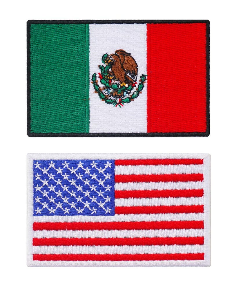 Graphic Dust 3.2x2 inches Mexico Flag & USA Flag Embroidered Iron On Patch Applique United States of America Mexican American Costume Uniform DIY Jean Jacket Logo Sign National Emblem - Image 1
